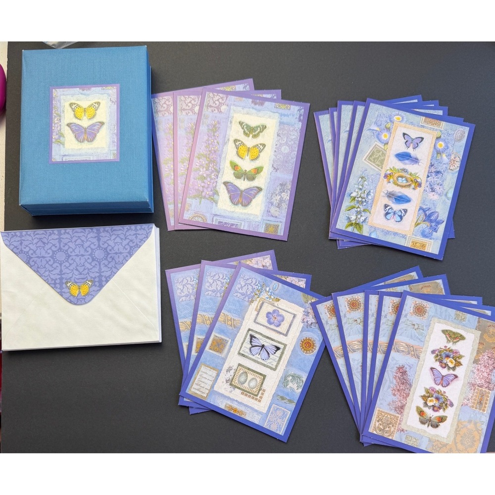 New Seasons Butterfly Note Cards Set 16 Blank Stationery Blue Envelopes Boxed